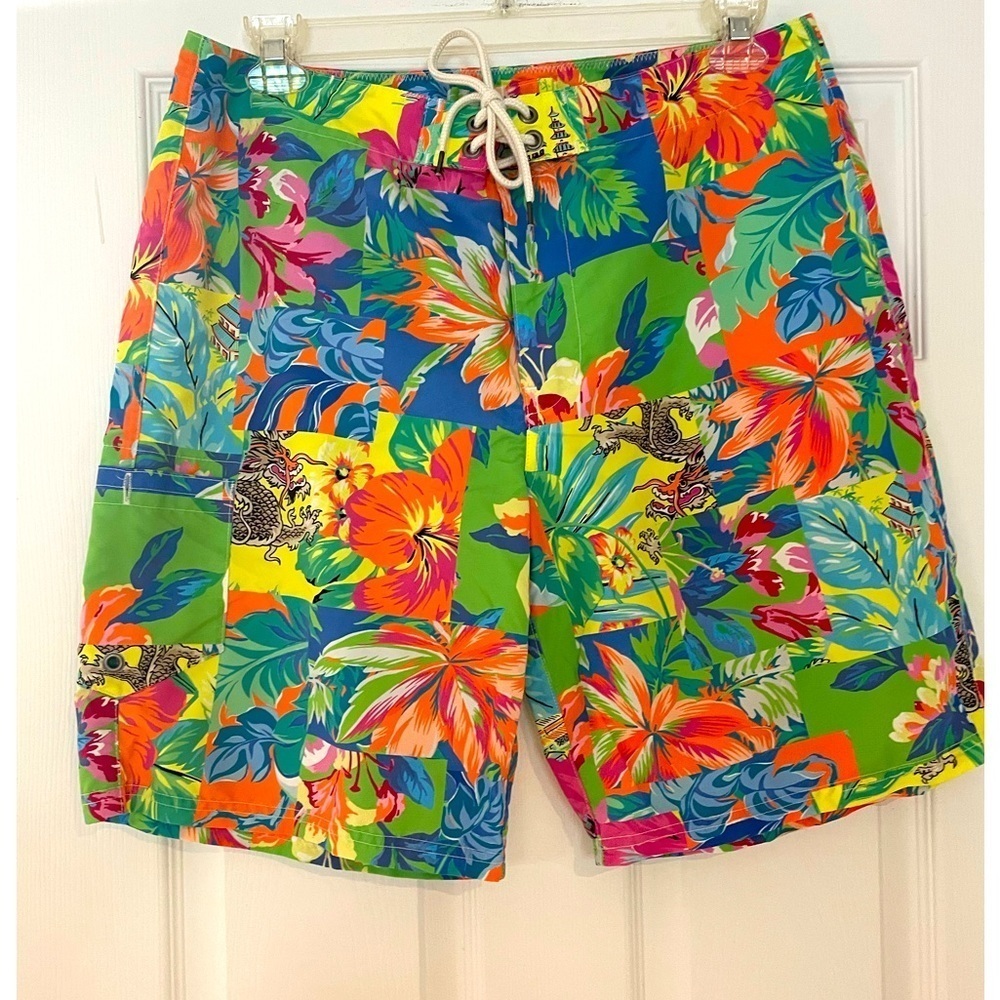 RALPH LAUREN POLO MEN’S BOARD SHORTS IN FLORAL AND CHINESE DRAGON PRINT